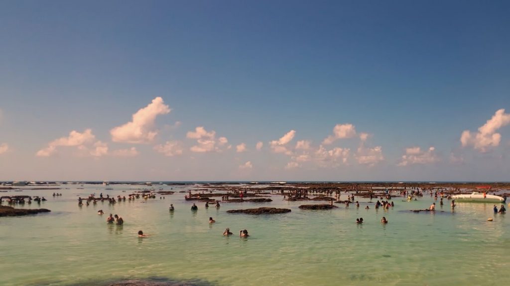 Turistas caminhando por piscinas naturais durante a maré baixa, nos recifes de corais de Maragogi, Alagoas.